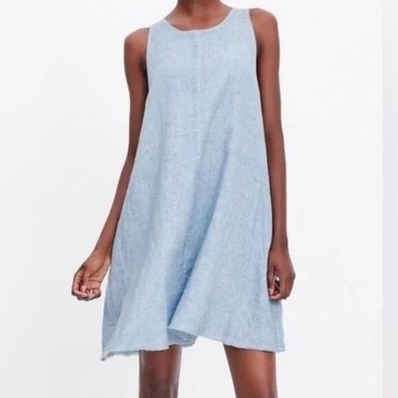 Zara Vela Linen Chambray Blue Raw Hem Swing Shift Sleeveless Dress, Medium - Picture 1 of 11